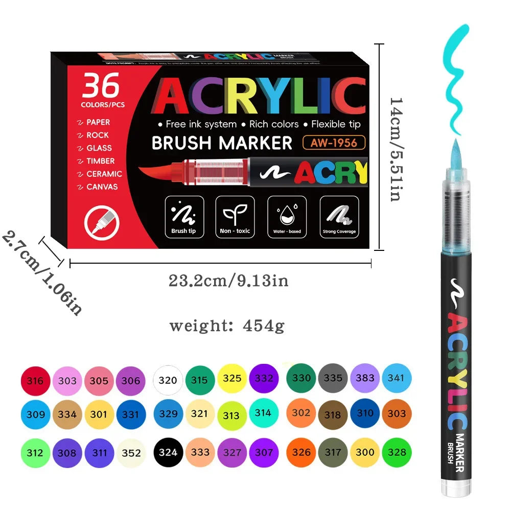 12-48 Color Acrylic Marker Pen Set Waterproof Scrapbook DIY Brush Tip Drawing Paint Marker Art School Supplies Stationery